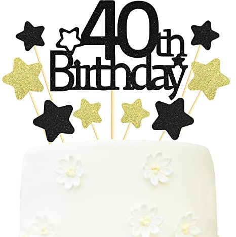 Sotpot Glitter 40th Birthday Cake Decorations 40th Cake Topper Star Cupcake Toppers for Birthday Party Decorations - 9PCS