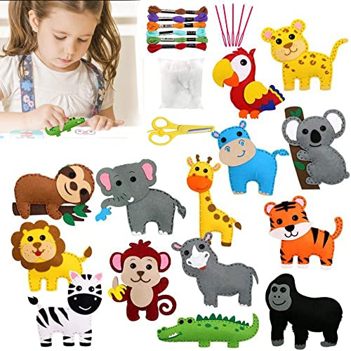 Kraeoke 14 Stück DIY Nähset DIY Bastelset Tiere Basteln für Kinder mit Schere zum Nähen