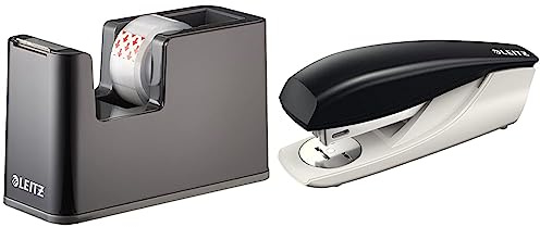 Leitz Klebeband-Tischabroller, Fester Stand & NeXXt Bürotacker aus Metall, Für 30 Blatt, Ergonomisches Design mit Nachfüllanzeige, Inkl. Heftklammern, Schwarz, 55000095