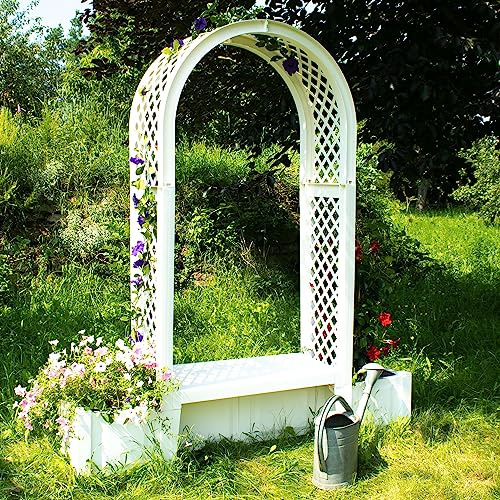 NYVI Gartenbank NYVIGreen 2-Sitzer 174x49x207 cm mit Pflanzkästen & Rosenbogen - Sitzbank aus wetterfestem & recyceltem Kunststoff - Stabil, Pflegeleicht, Steckmontage ohne Werkzeug, Farbe:Weiß