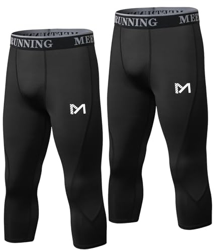 MEETYOO Men's 3/4 Compression Pants Legging Tips Cool Dry Sport Workout HeatGear Capri Base Layer, Black/Black, Medium