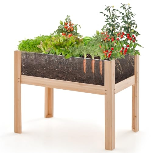 RELAX4LIFE Bancal alto de madera y acrílico, 50 L, con lados transparentes, huertos con agujeros de drenaje, bancal con patas, para jardín, balcón, terraza (75 x 46 x 61 cm)