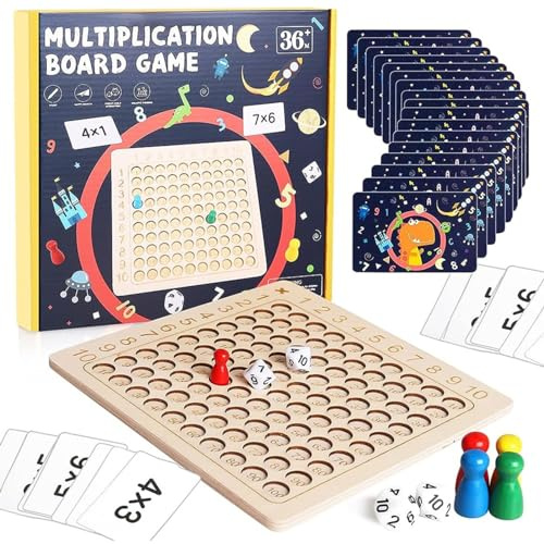 Morofme Wooden Montessori Multiplication Board Game, 1x1 Maths Games，Multiplication Wooden Montessori Toys with Chessboard Table, Dice, 100PCS Flash Cards, Educational Game for Boys Girls Learning Toy