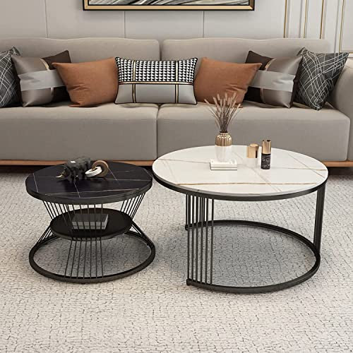 Moderner Couchtisch für das Wohnzimmer, Satztisch, 2er-Set, stapelbare Couchtische aus Metall, Schieferplatte, modernes rundes Beistelltisch-Set mit stabilem Metallrahmen, Wohnzimmer-Ablager
