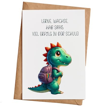 Einschulungskarte für Kinder, Schulstart Glückwunschkarte, Dino DIN A6 Format, inkl. Umschlag aus Kraftpapier. KT_060