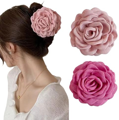 TOFBS Pince Cheveux 2 Pcs Fleur Pince Griffes Colorée Maintien Fort Grandes Antidérapantes Élégantes Accessoires pour Femmes Filles（Rose + rose racine de lotus）