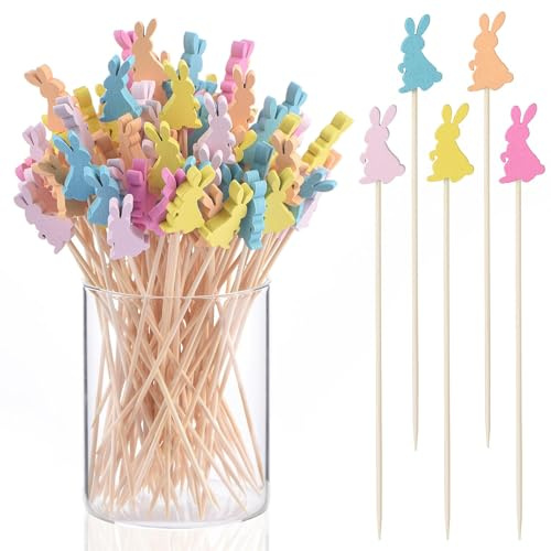 Cocktailspett, påsk, 100 stycken, hare, träspett, fingermat, 12 cm, festspett, ostspett, fruktspett, för påskdekoration, bordsdekoration, fest (A)