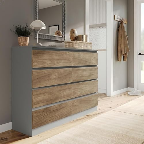 URBNLIVING Modern Grey Wooden Chest with Oak 8 Drawers for Bedroom Office Storage Versatile Bedside Table Stylish Cabinet for Organizing Clothes Accessories Work Place Supplies and Personal Items