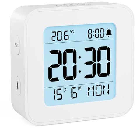 LATEC Alarm Clock Bedside Battery Powered LCD Digital Clock with Date & Day, Snooze, Temperature, 12/24H, Backlight, 3 Volumes, Silent Travel Small Clock for Heavy Sleepers Included Battery