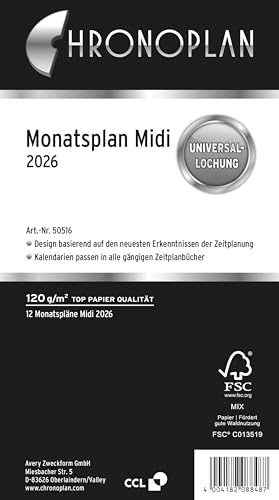 Chronoplan 50516 - Inserto per calendario 2026 (programma mensile Midi (96 x 172 mm), calendario di ricambio per agenda mensile, per pianificazione mensile dettagliata, 1 mese su 1 pagina, con foro