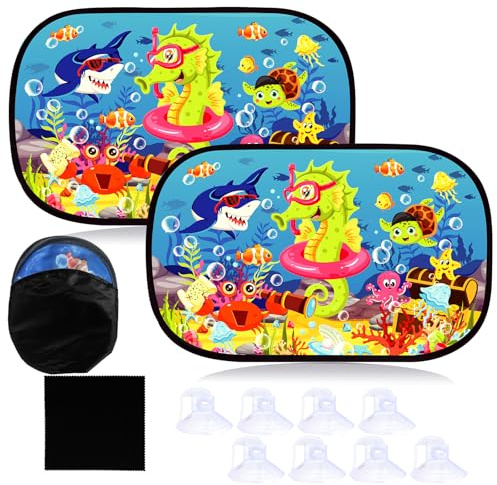 2 Pack Car Side Window Shades for Baby, Ocean World Car Sun Shade Static Cling Rear Sunshades, Universal Window Blinds Screen for Most Vehicles, Glare Shield UV Rays Protection for Kids Adults Pets