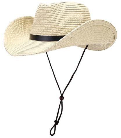 Sombrero de Cowboy Western Mujer Hombre Sombrero de Paja Gorros de Vaquero Panamá con Banda y Barboquejo Sombrero de Playa Gorras de Sol de Verano (FR/ES, Letras, Talla única, Beige)
