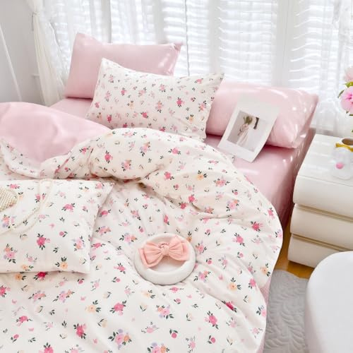 Michorinee Housse de couette 240x260 Blanc et Rose Fleurs Feuilles Vert Coton Parure de lit Adulte 2 Personnes Vichy à Carreaux Sets de Housses de Couettes et 2 Taies d'Oreiller 65x65 Fermeture Eclair