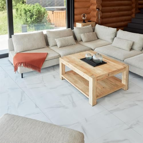 Self Adhesive Vinyl Floor Tiles Pack of 30 Pieces Covers 59.92 ft² (5.57 m²) Waterproof, Peel and Stick Floor Tiles Size 12”x24” (30.48x60.96cm) Large Rectangular Vinyl Flooring – White Marble Effect