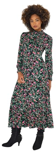 Joe Browns Women's High-Neck Vintage Frill Winter Floral Jersey Midi Dress, Petite, Black, UK 10