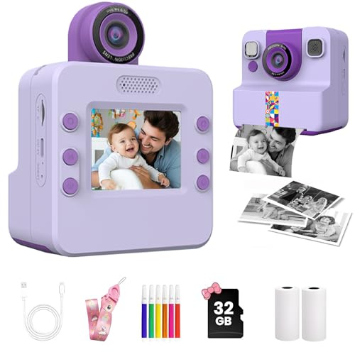 Camara Fotos Infantil instantanea,2.4'' HD 48MP Cámara Instantánea para Niños con Tarjeta de 32GB y Papel de Impresión, HD 1080P Cámara Instantánea para Niños y Niñas 3 a 12 Años,Morado