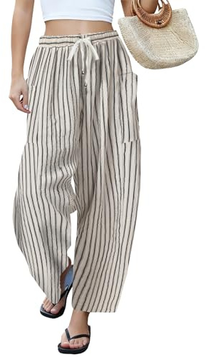 LOMON Women's Linen Pants Casual Loose Palazzo Harem Pants Wide Leg Pants Drawstring Travel Beach Pants(Black-White Stripes,XL)
