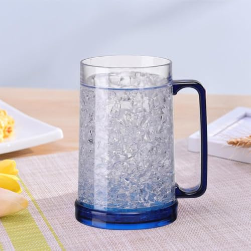 Tazas de cerveza para congelador, tazas de hielo heladas de gel transparente de doble pared con gel, taza de cerveza congelada de plástico con asa, vasos de plástico aislados de doble pared, taza de
