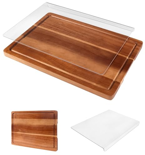 Ensemble de 2 Planches à Découper, Planches en Bois d’Acacia et Acrylique avec Bord de Comptoir pour Cuisine, Planche en Bois avec Rigole pour Légumes, Fruits et Viande