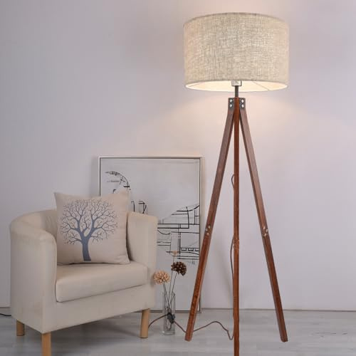 KlkrzJwy Lámpara De Pie Moderna De Lino Con Trípode De Madera De 61, Lámpara De Pie Redonda De Tela Con E26 Regulable, Luz Alta De Color Nogal Para Sala De Estar, Dormitorio, Estudio Y Comedor.