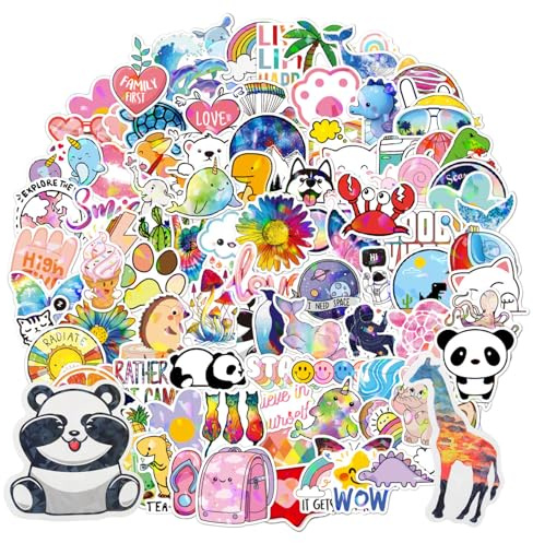 Wellrun 100PCS Holographic Aesthetic Stickers,Cute Cartoon Waterproof Vinyl Stickers for Water Bottles,Laptops,Cars,Bikes,DIY