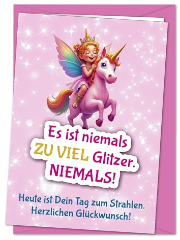PAPIERSTROLCH Glitzer Einhorn Geburtstagskarte für Mädchen, rosa magisches Design mit funkelnden Sternen, XL Glückwunschkarte Geburtstag inkl. Umschlag (Version B)