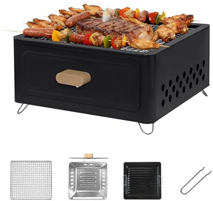 Griglia a carbone portatile da tavolo, mini fornello quadrato multifunzionale da 12,2 pollici con rete per griglia e teglia da forno per esterni, campeggio, escursionismo e picnic (Nero)
