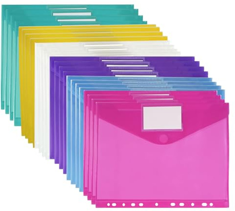 Kuvertmapp A4, Genomskinliga Plastplånböcker, 30 st Dokumentmapp, Document Wallet med Snäppstängning och Etikettficka (6 Färger)