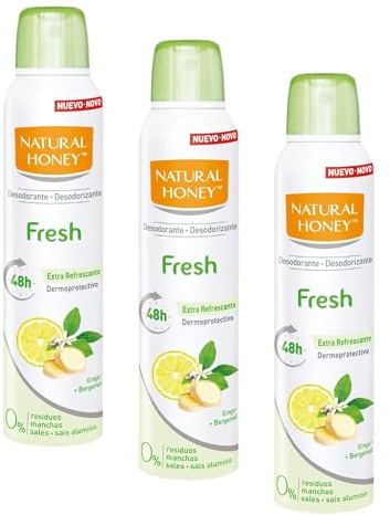 Natural Honey, Fresh Desodorante Spray Sin Aluminio Dermoprotectivo, 48H de Protección Natural Contra los Malos Olores, Formula Anti Manchas con Extractos Naturales de Jengibre y Bergamota, 200 ml