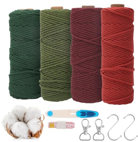 RANJIMA Makramegarn, 3 mm, makramé, set med 4 stycken, makramétråd för hantverk, hantverk, dekoration för att hänga på väggen, dörrgardin, växthängare, hängslen
