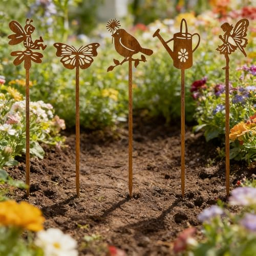 PIujsym 5 Stück Gartendeko für draußen wetterfest, Rost Deko Garten Stecker mit Tiermotiven, Metall Gartenstecker Blumenbeet Dekoration für Terrasse & Vorgarten