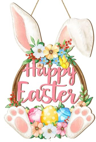 DIGNFENG Oster-Türschild, Happy Easter große Holzdekoration mit Hase Ostereier Blumen, Osterdeko für Garten Terrasse Haustür, auffällige Osterdekoration draußen innen, Wanddekoration, Oster-Geschenk