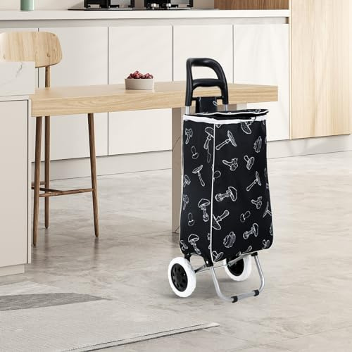 Shopping Trolley with Wheels, Foldable Cart with Foam Handle, Large Capacity Bag, 35 x 28 x 94 cm (Black mushroom)