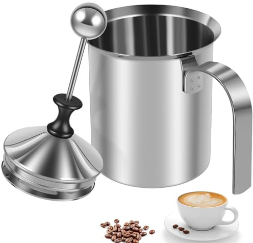 Espumador de leche manual, manual de acero inoxidable, espumador de leche manual con mango y tapa, filtro de doble capa, para capuchino, latte macchiato y chocolate caliente (400 ml) (plata, 400 ml)