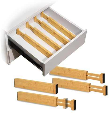 Avilia Divisori per Cassetti Set 4 Bamboo – Organizer Cassetti Regolabili 43–56 cm, Divisori Cassetti Cucina e Biancheria, Sistema a Molla Senza Attrezzi, Antiscivolo Salvaspazio