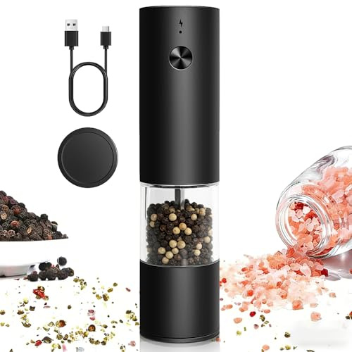 Electric Salt and Pepper Grinder, Rechargeable Pepper Mill, One-Handed Automatic, Adjustable Coarseness, Clear Container, Ceramic Grinder for Various Spices, Black