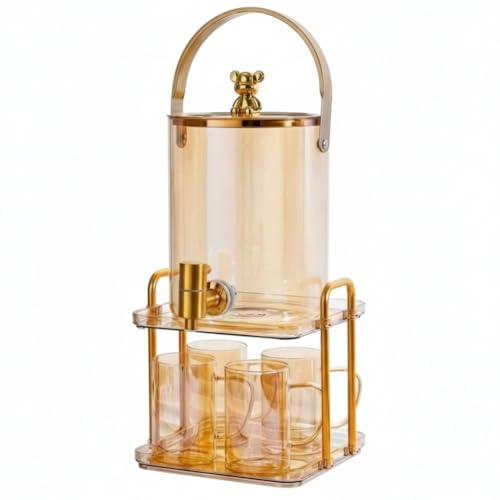 JISADER 3.6L Glass Water Dispenser with Stand & Stainless Steel Tap, Beverage Drink Jar with Matching Drinking Mugs for Home Kitchen, Summer Parties, Outdoor Picnics, Family Gatherings