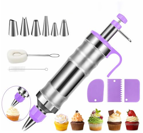 Garnierspritze rostfritt stål-set, 400 ml kakspray med spritsmunstycken, återanvändbar, gräddespray för kakor, tårtor, cupcakes, bakverk och dessertdekoration, ersättning för spritspåse (Lila)