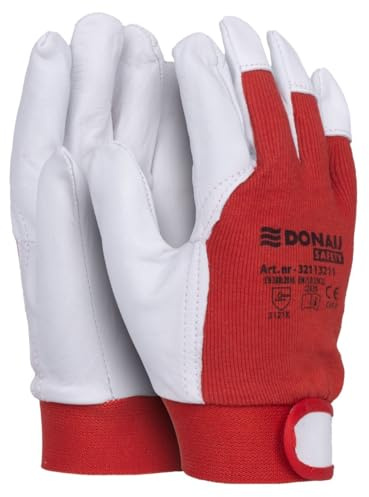 DONAU SAFETY arbetshandskar i läder med kardborreband/storlek 11/XXL/1 par/vit röd/monteringshandskar/mjuk och bekväm skyddshandske av getläder och polyestertyg