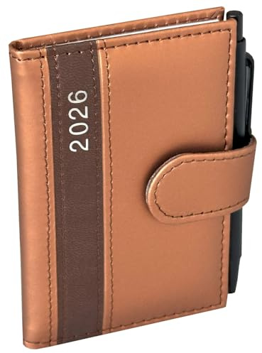 Agenda de poche 2026 A7 avec stylo à bille et support en aspect cuir fin, planificateur de rendez-vous 2026 avec stylo Timer incl. calendrier annuel et aperçu hebdomadaire (Or)