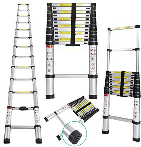 Aluminum Telescopic Extension Folding Step Ladder 12 Rungs Extends to 12.5 Ft 330 LB Load, Finger Protection, EN131 ANSI Certified, Anti-Slip Grit Tape