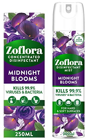 Zoflora Midnight Blooms 250ml Concentrated Disinfectant and Zoflora Midnight Blooms Disinfectant Mist 300ml Bundle, All Purpose Cleaners, Multi Surface Cleaning Solutions for Hard and Soft Surfaces