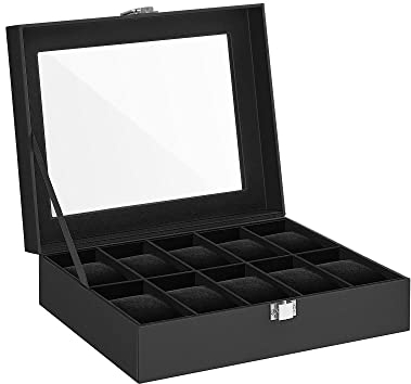 SONGMICS Uhrenbox mit 10 Fächern, Uhrenkasten, Glasdeckel, Uhrenkoffer, herausnehmbare Uhrenkissen, Metallverschluss, Geschenkidee, weihnachten, PU-Bezug in Schwarz, Innenfutter in Schwarz JWB010B02