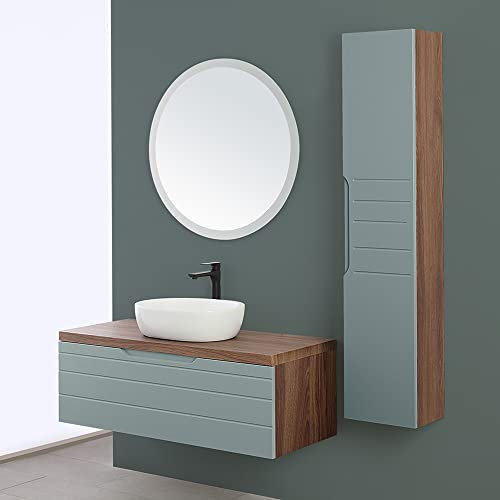 Inbagno Mobile Bagno sospeso 90 cm, Completo di lavabo e Specchio, Legno MDF Verde Salvia, Chiusura Soft Close Amalfi