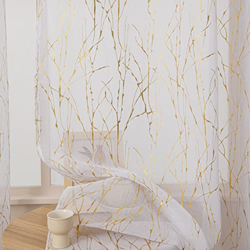 Sutuo Home White Sheer Curtains 84 Inches Long 2 Panels Set, Gold Foil Print Metallic Bronzing Branch, Privacy Voile Window Treatment Decor Drape Pair for Bedroom Living Room 52 W x 84 L