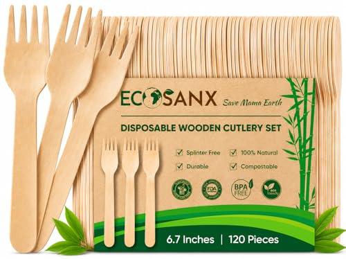 120 PCs Wooden Forks Set, 6.5 Splinter Free Disposable Forks for Parties, Eco-Friendly, Substitute for Plastic Cutlery & Bamboo Cutlery - Disposable Tableware for Outdoor, Camping, Events & More