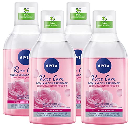 Nivea Zweiphasiges Micellarwasser mit Öl und Rosenwasser, biphasisch, Make-up-Entferner für langes Lasting und wasserdichtes, sanftes Gesichtsreiniger auf Augen und Wimpern, 4 Flaschen à 400 ml