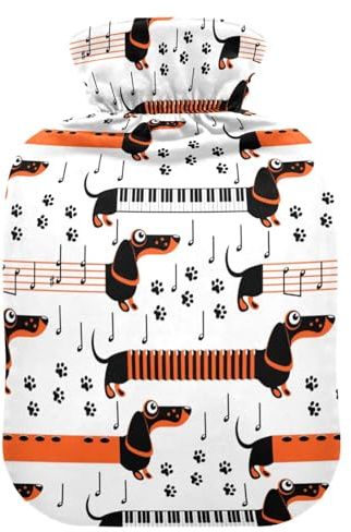Wärmflasche mit süßem Dackel-Motiv, Musikinstrumente, Noten, weich, warm, für Winter, Bett, Hand, Hals und Schultern, 2 l