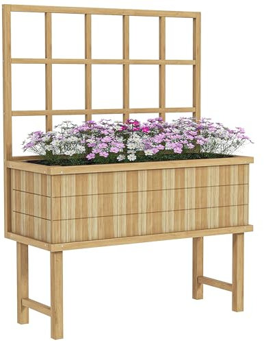 Outsunny Wooden Raised Planter with Trellis for Vine Climbing Plants, Elevated Garden Bed with Drainage Holes and Bed Liner for Vegetables, Flowers, Herbs, 105 x 45 x 140cm, Natural