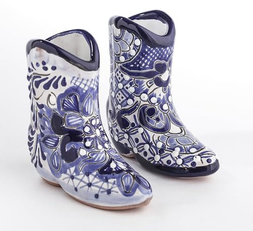 MEXTEQUIL - Talavera Cowboy Boot Shot Glasses - Set of 2 - Authentic Mexican Tequila Shot Glasses - Hand-painted - 3 Oz (Blue and White)